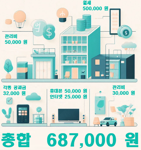 자취 고정비 6개 항목 합산 — 월 68만 7천원 구조 인포그래픽
