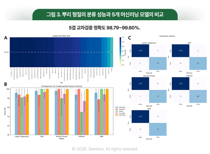 표현체 분석 뿌리 형질의 분류 성능과 머신러닝 성능 비교