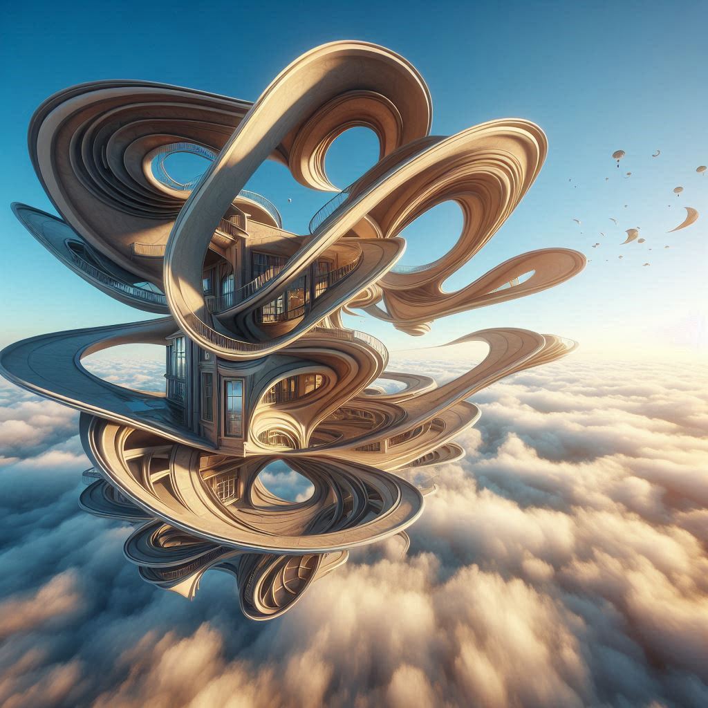 하늘에 떠다니는 뒤틀린 건축물, 살바도르 달리 초현실주의 스타일로, 중력을 무시하는 구조물, 꿈의 논리, 무한대 공간, 시간이 멈춘 세계2