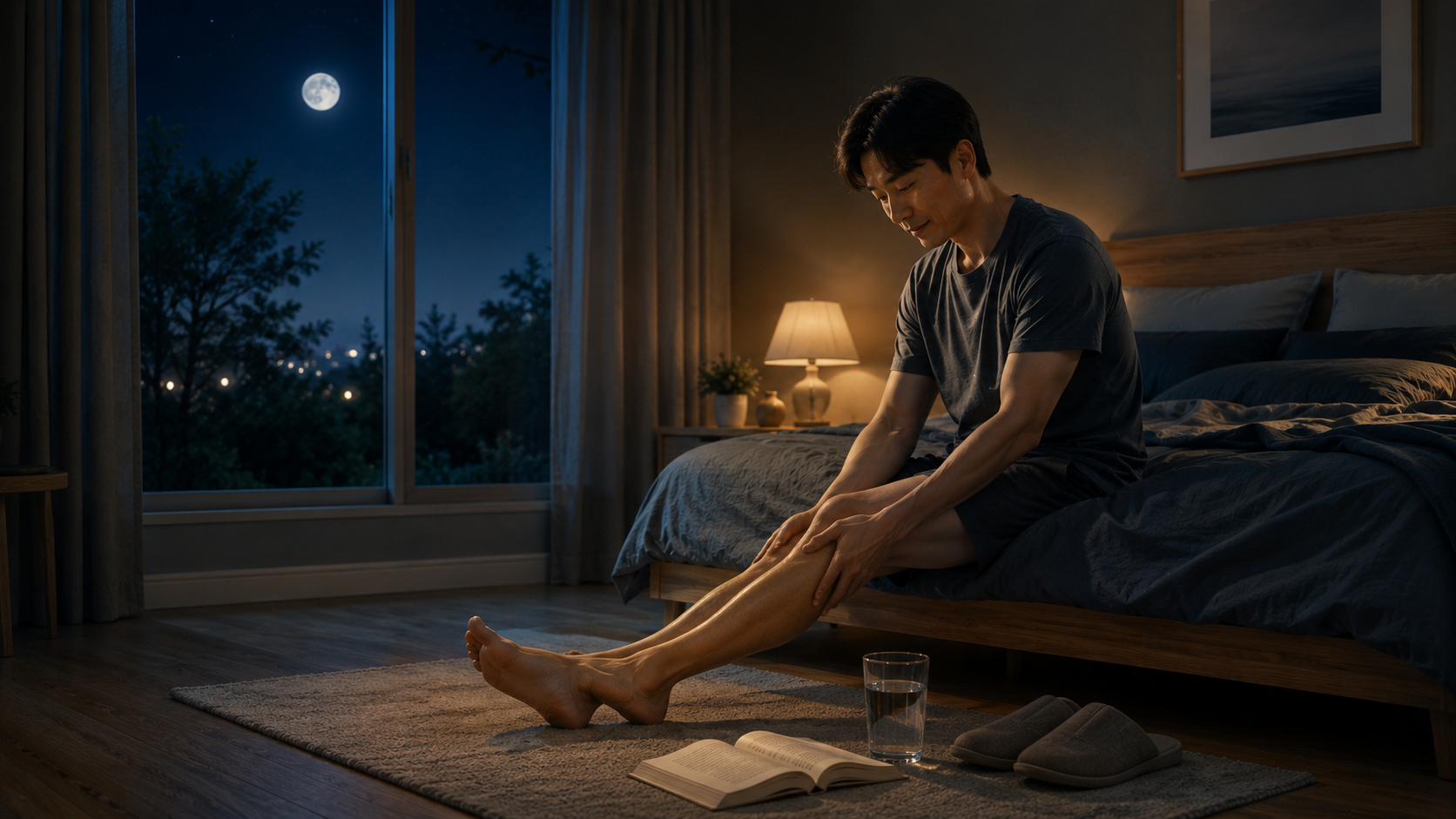 잠들기 전 가벼운 다리 스트레칭으로 숙면을 준비하는 웰니스 라이프스타일 이미지