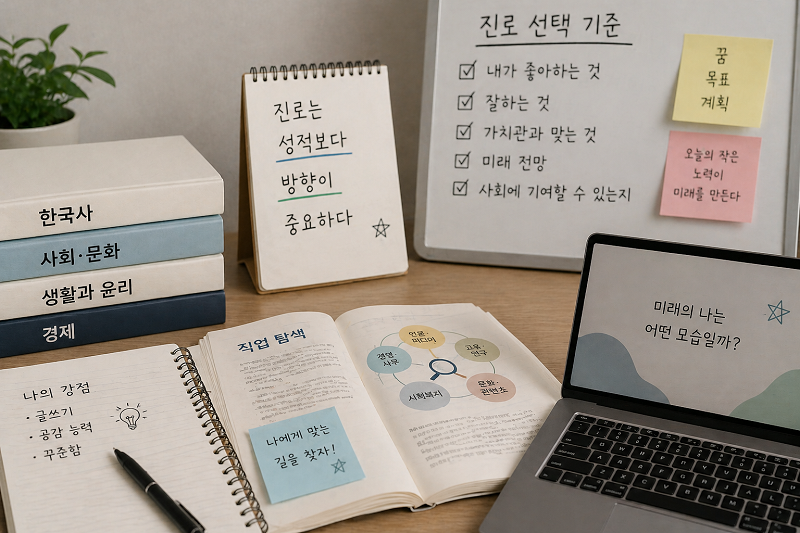 문과 2~3등급 학생이 진로를 고민하며 계획을 세우는 공부 책상 이미지