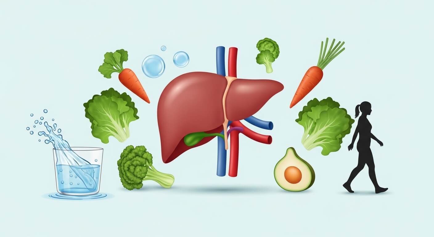 간 건강을 중심으로 물, 채소, 아보카도 등 균형 잡힌 식단과 걷기 같은 생활 습관 요소를 함께 표현한 일러스트