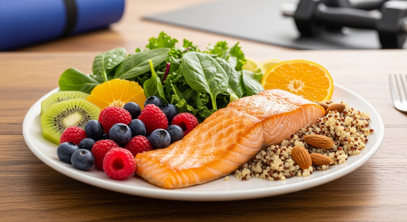 신선한 과일, 채소, 통곡물이 담긴 건강한 식단. 생리불순 관리에 필수적인 균형 잡힌 생활 습관을 상징합니다.