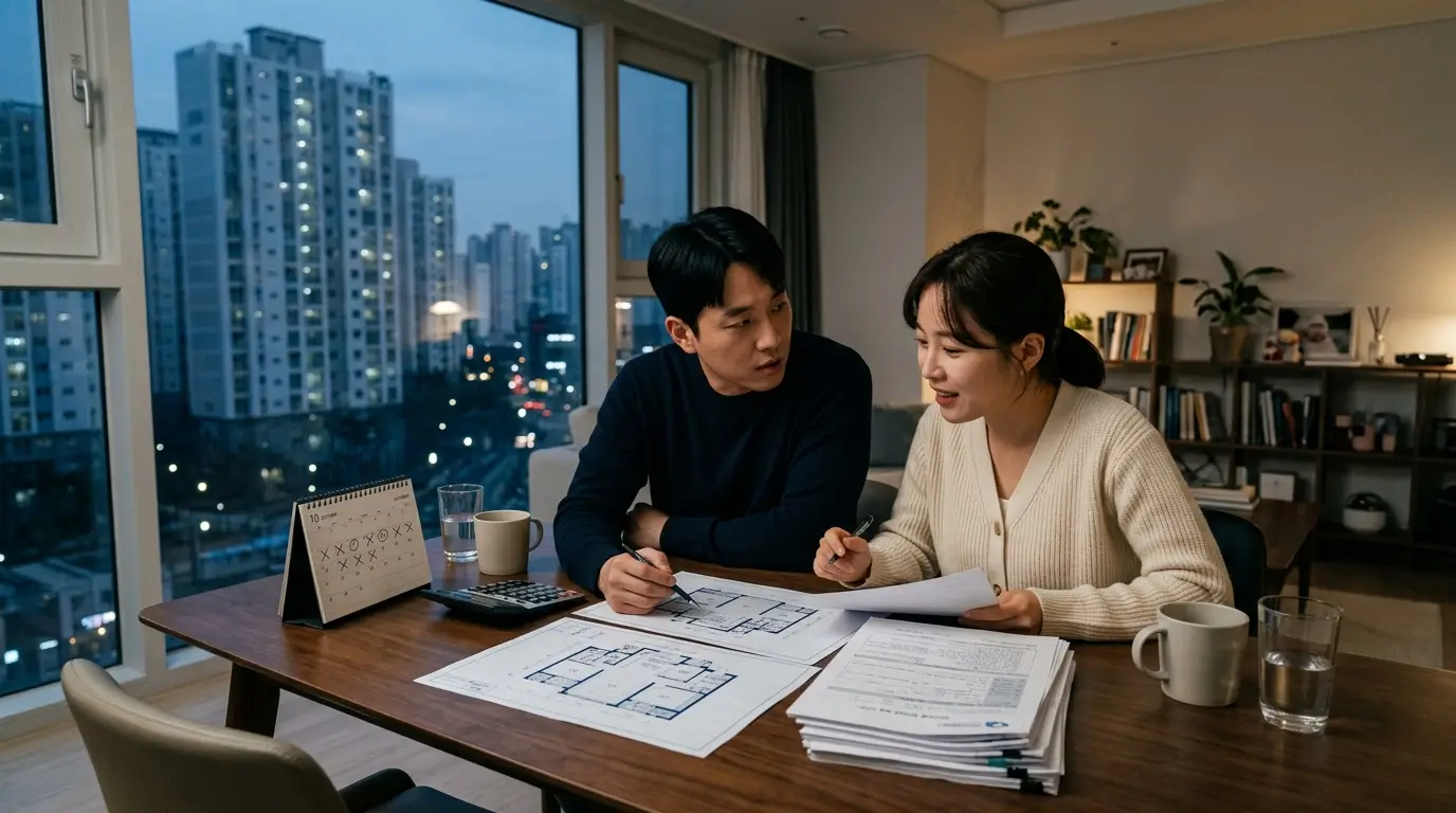 한국의 현대적인 임대주택 아파트 단지를 배경으로, 당첨된 입주자가 대출 서류를 검토하며 입주 날짜를 계산하는 모습