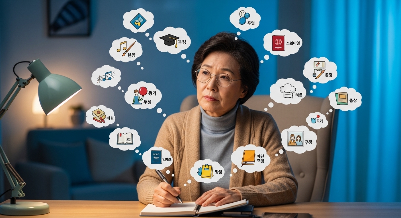 50~60대 한국인이 자신의 강점과 경험을 찾기 위해 마인드맵을 그리며 깊이 생각하는 모습.