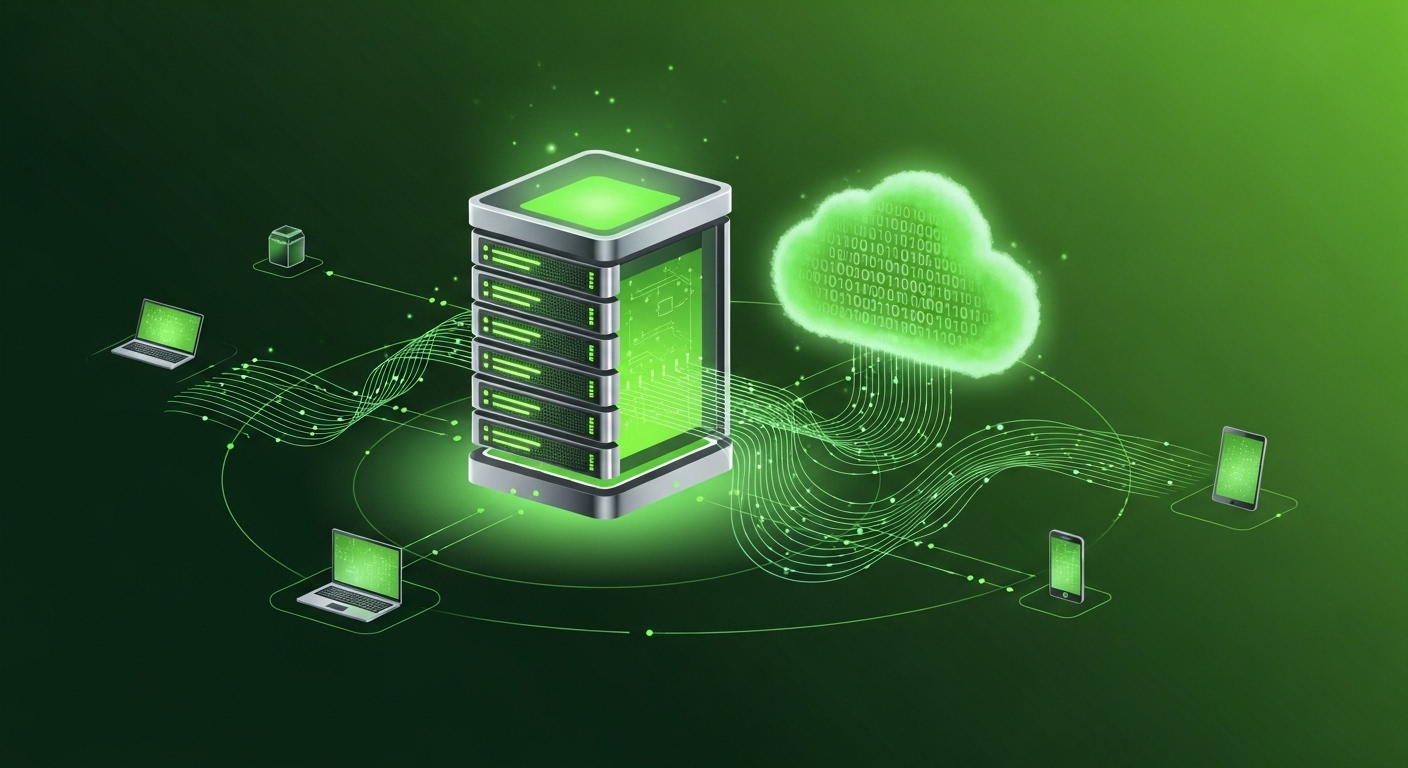 데이터 처리와 저장을 담당하며 다양한 사용자 요청에 응답하는 안정적인 서버 시스템을 시각화한 이미지.