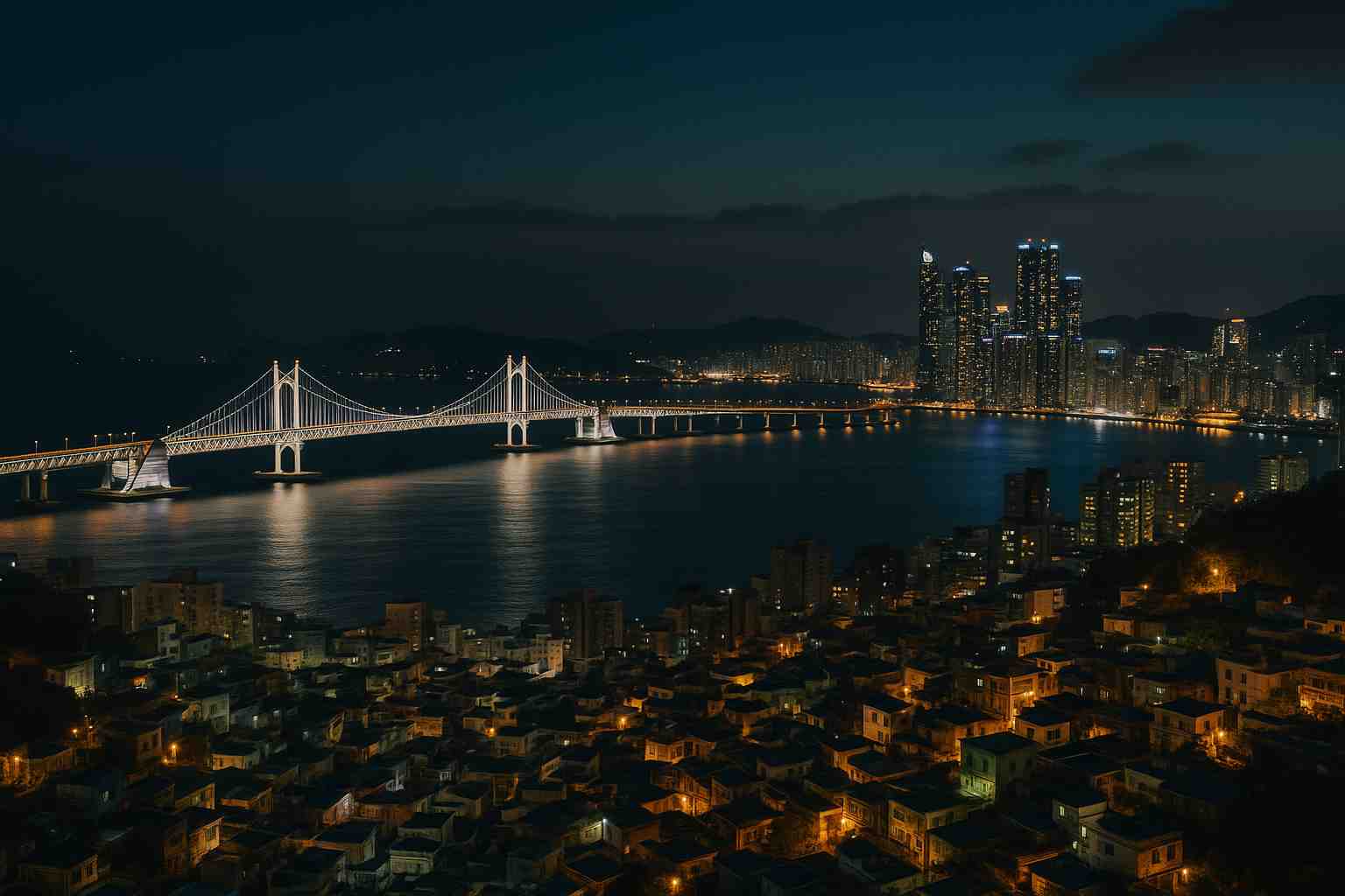 광안대교와 마린시티가 어우러진 부산의 야경 파노라마