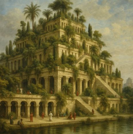 식물이 층층이 배치된 고대 바빌론의 공중정원 이미지