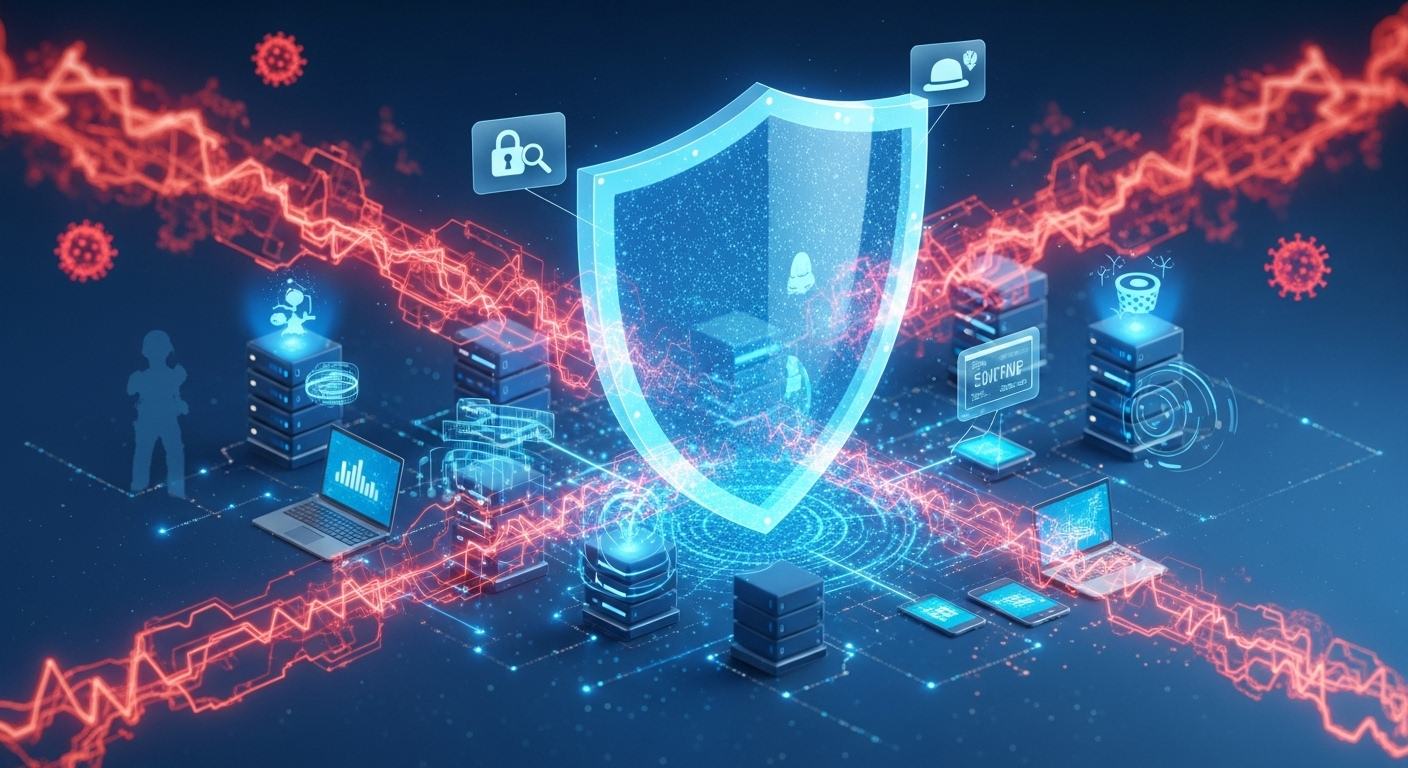 디지털 방패가 서버 네트워크를 사이버 위협으로부터 보호하는 모습, 사이버 보안과 윤리적 해킹을 상징