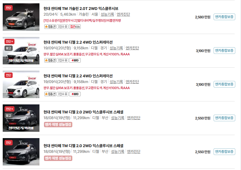 현대 싼타페 중고차 가격 시세표 유지비