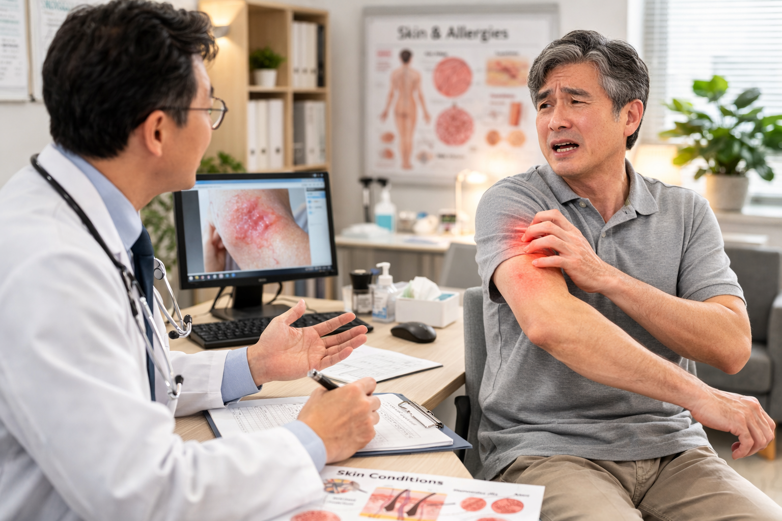 나이들어 피부의 보호막이 얇아져 온몸 가려움증으로 고통을 받다가 병원에서 의사와 상담하는 시니어
이미지 출처: Gemini AI 생성