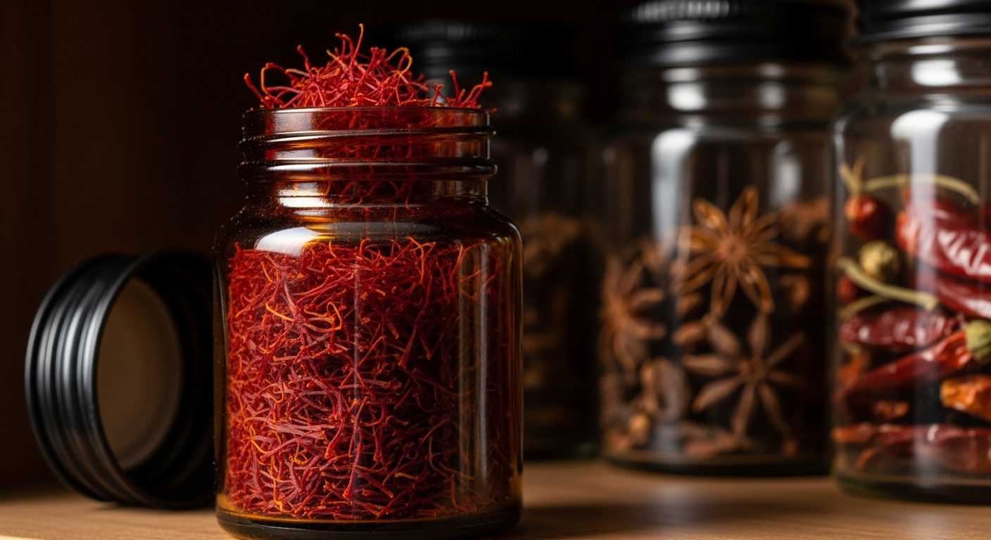 밀폐된 어두운 유리병에 보관된 고품질 샤프란 실타래, 향과 신선도 유지를 상징.