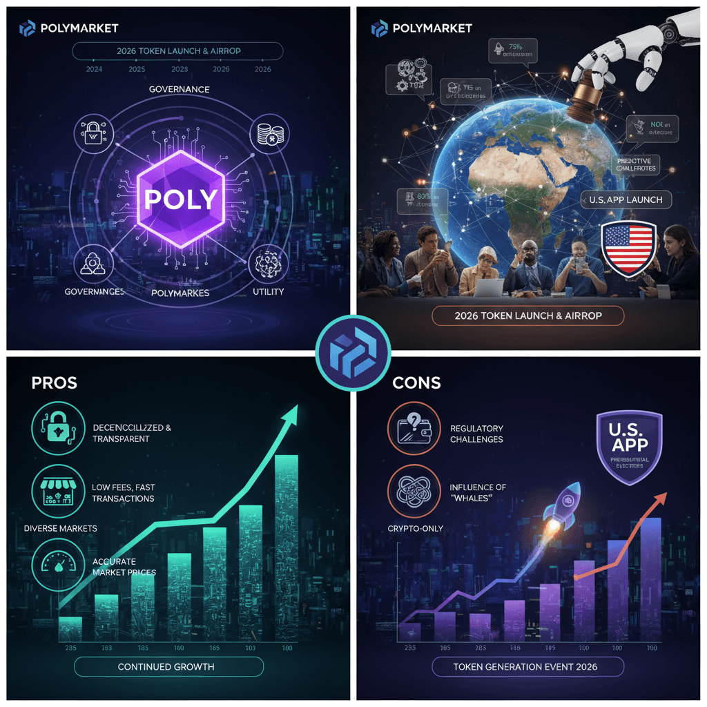 폴리마켓의 POLY 토큰 로드맵, 거버넌스 구조, 전 세계 예측 시장의 장점과 단점을 설명
