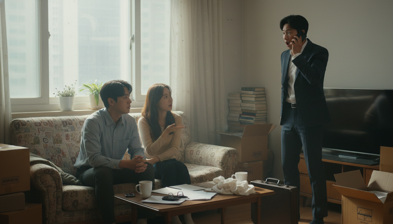 세입자가 있는 집을 둘러보며 부동산 중개사와 상의하는 모습, 긴장감 있는 협상 분위기