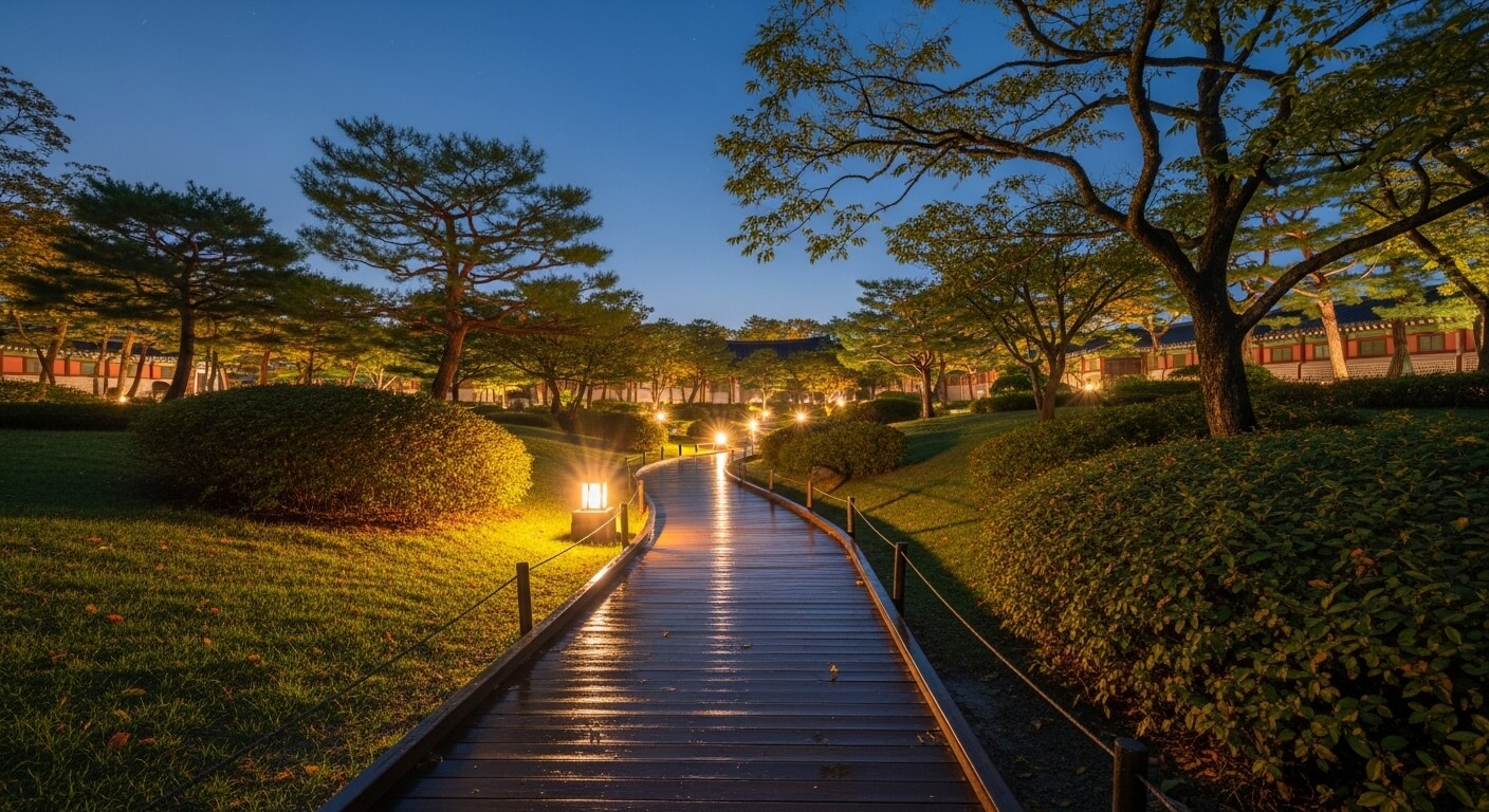야간 조명으로 밝혀진 궁궐 정원의 산책로