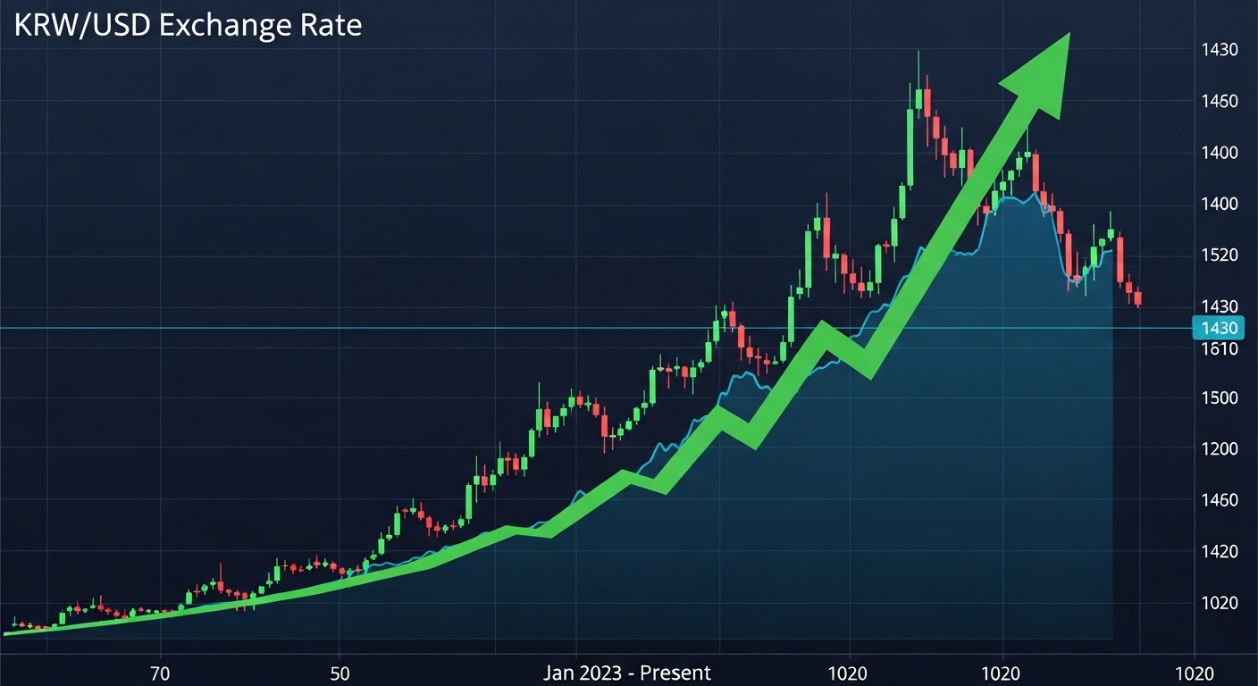 달러/원 환율 차트가 급등하여 1430원을 기록하는 이미지