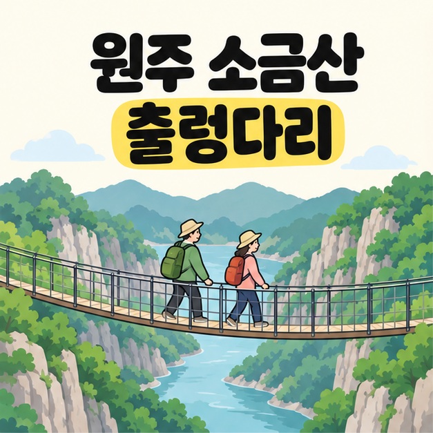 원주 소금산 출렁다리 문구 아래 여행자 두 명이 산과 계곡 사이의 보행교를 건너는 개념 삽화