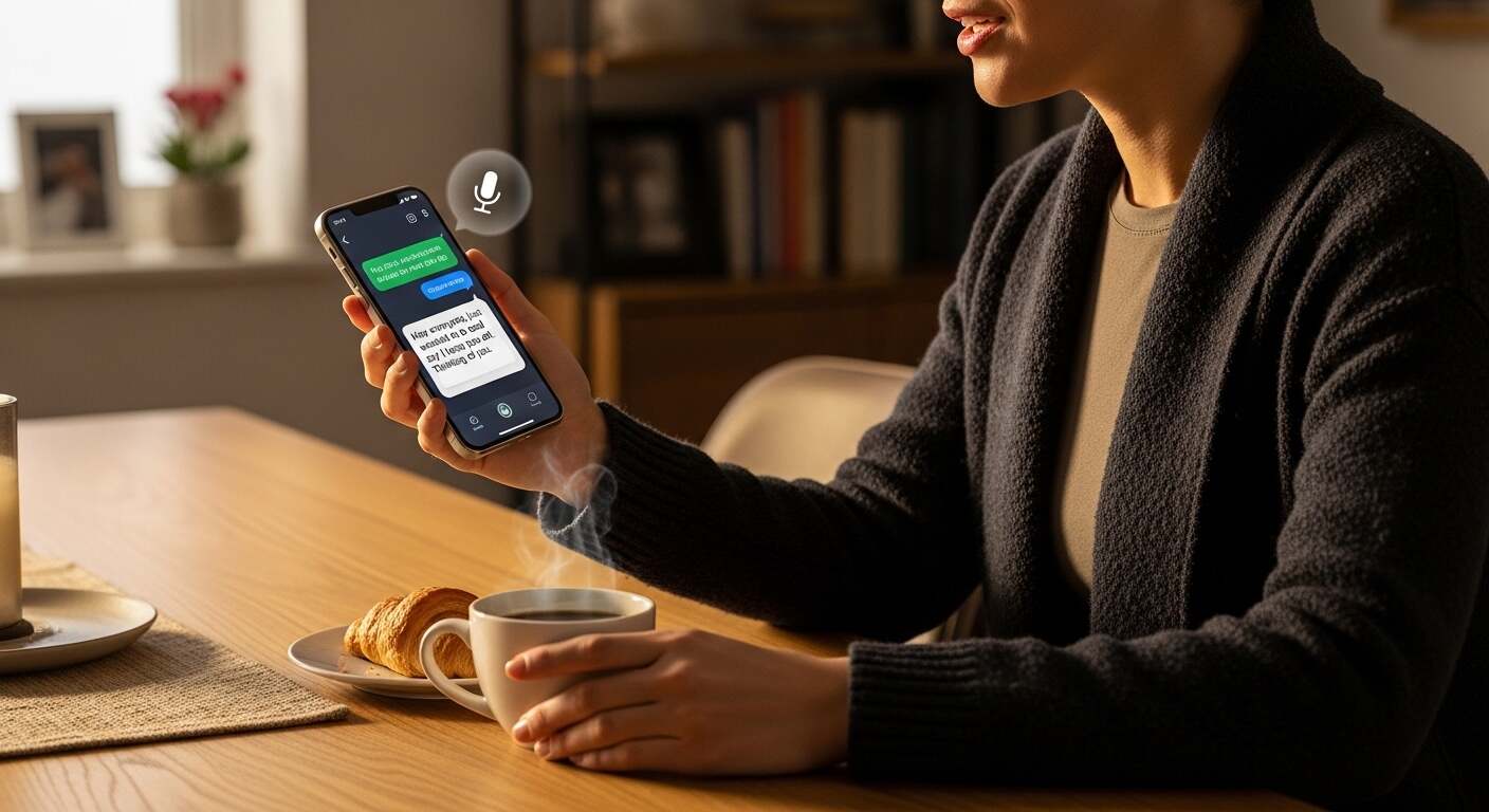 타이핑 없이 음성으로 가족에게 메시지를 보내는 스마트폰 사용 장면