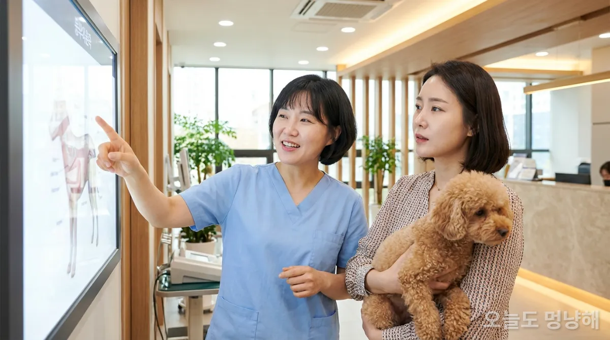 수의사가 반려견 보호자에게 사료 선택에 대해 설명하는 모습