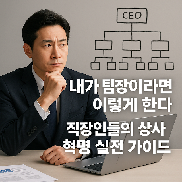 조직도 앞에서 고민하는 직장인이 '내가 팀장이라면 이렇게 한다: 직장인들의 상사 혁명 실전 가이드'라는 문구와 함께 등장하는 이미지