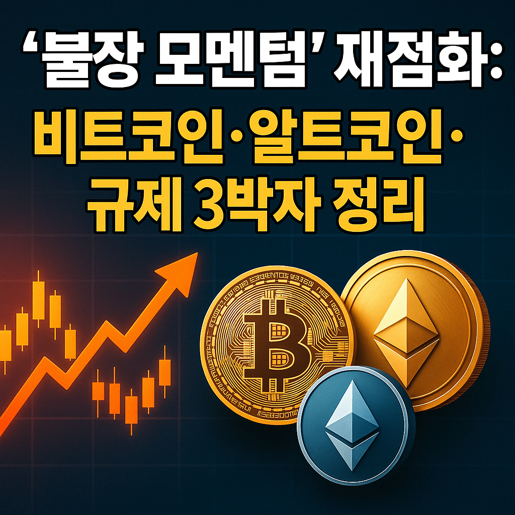 비트코인과 알트코인의 상승 흐름을 상징하는 불장 이미지, 차트 그래프와 황금빛 코인 포함