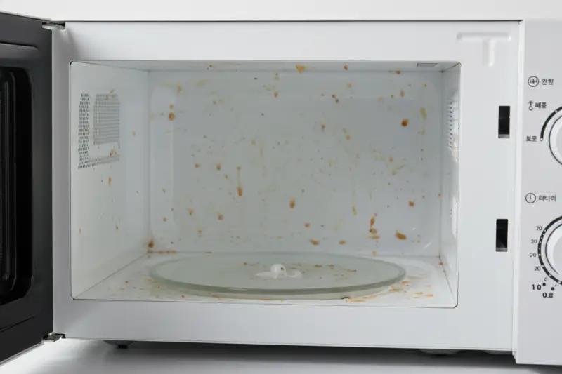 찌든 때와 음식물 자국으로 지저분해진 전자레인지 내부