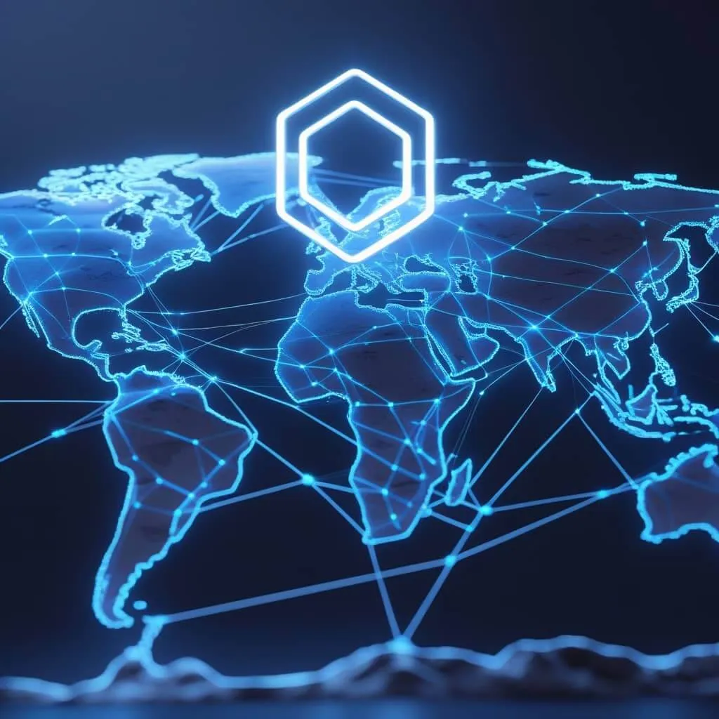 체인링크 글로벌 네트워크를 세계지도와 연결 노드로 표현한 이미지