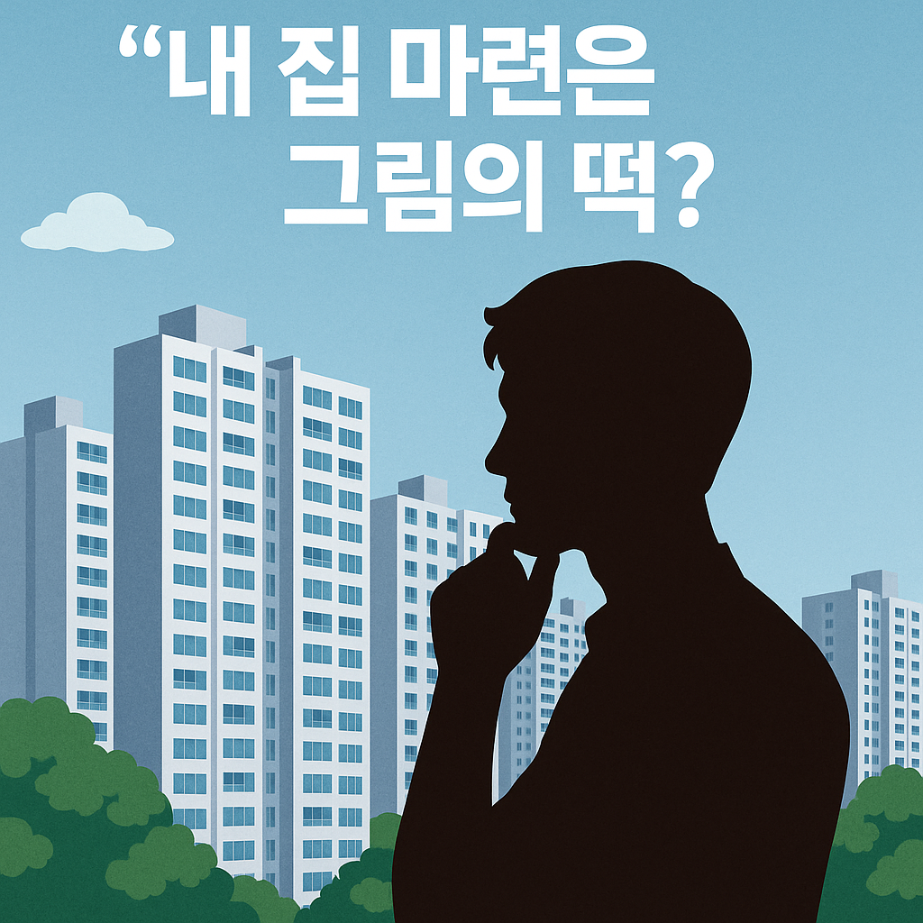 “서울 아파트 단지를 배경으로 내 집 마련을 고민하는 30대 청년의 실루엣 일러스트”