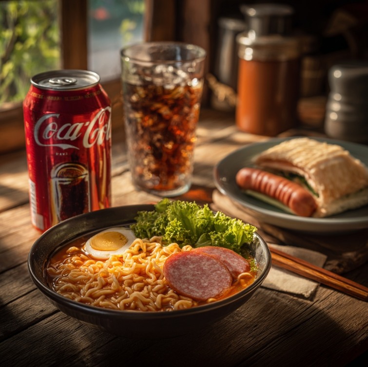식탁위에 놓인 소시지와 라면 콜라