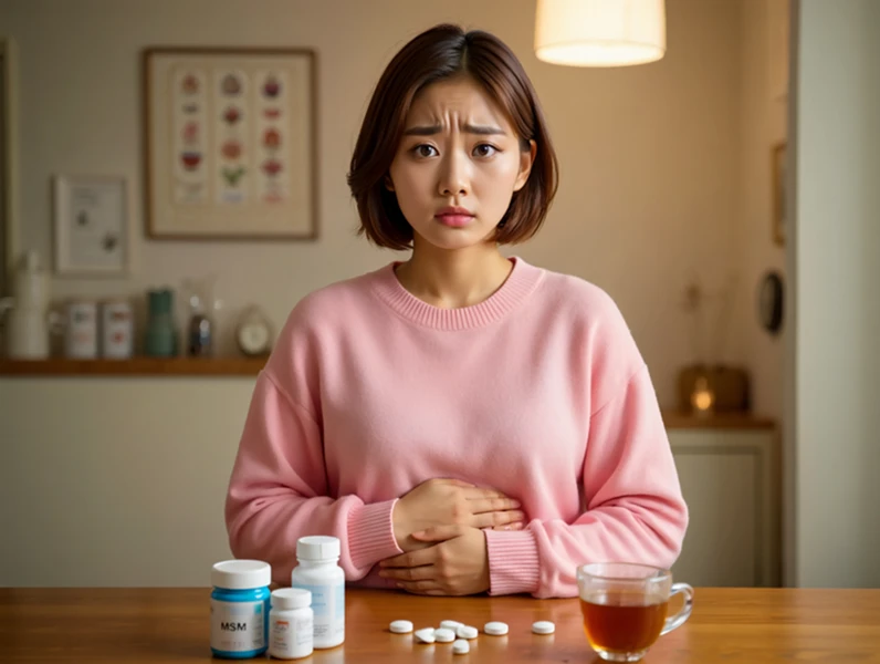 MSM 부작용 속쓰림 경험 소화제 차 따뜻한 색감 플랫 디자인 여성의 불편함과 안도감 표현