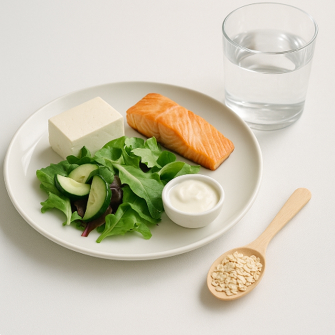 고단백 식단과 함께 물과 섬유원을 곁들인 간단한 구성.