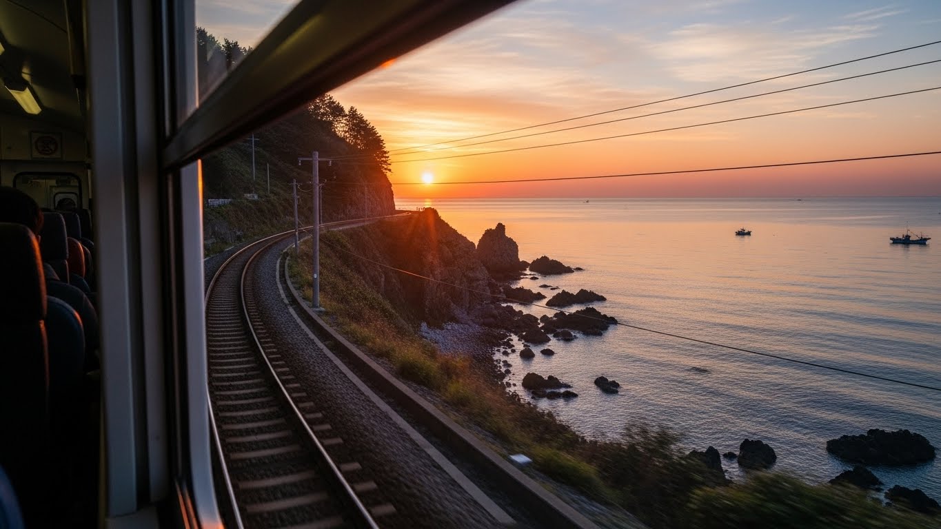 해랑열차 창밖으로 펼쳐지는 동해안의 아름다운 일출 풍경.