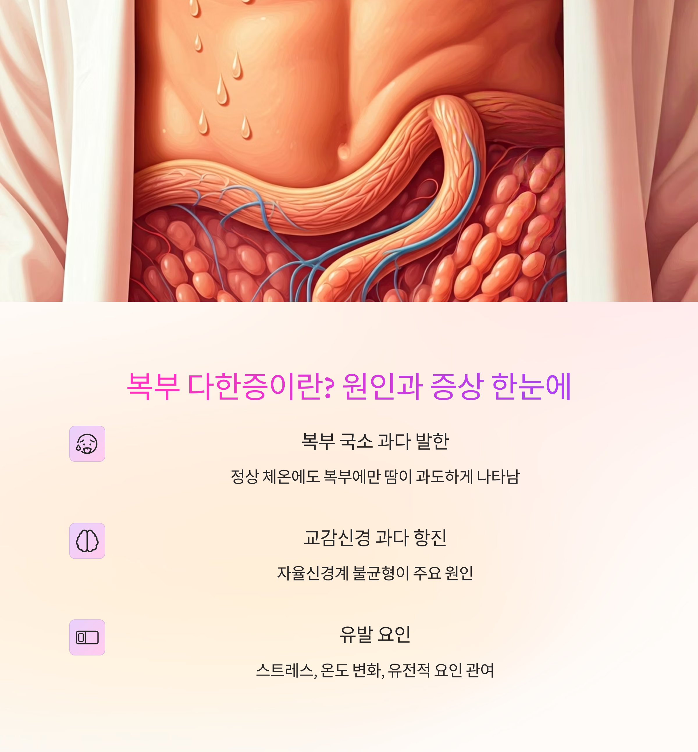 복부 다한증의 기초 개념과 자율신경계 연결구조를 보여주는 의학 도표