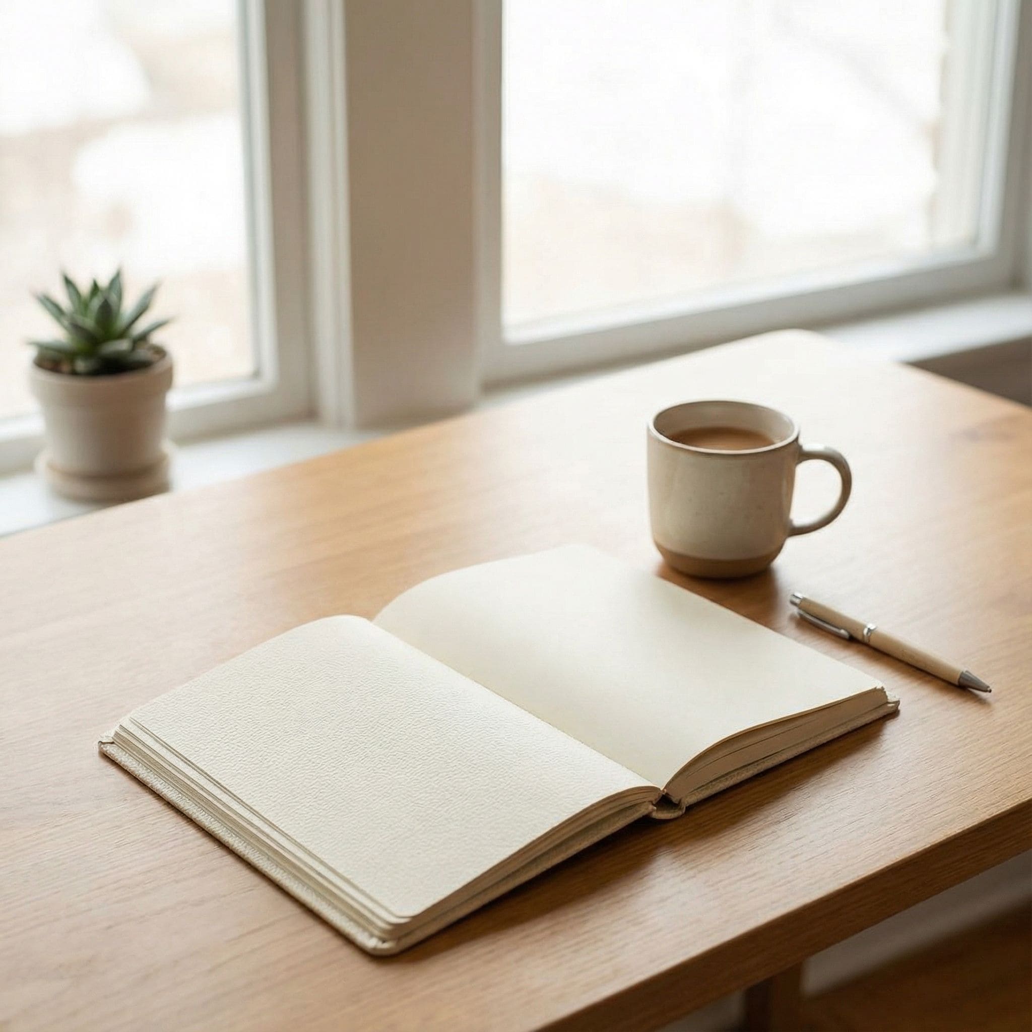 낮 시간대 조용한 공간에서 집중을 준비하는 차분한 분위기