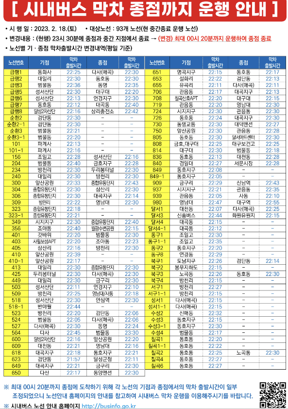 대구 시내버스 막차 운행시간 변경