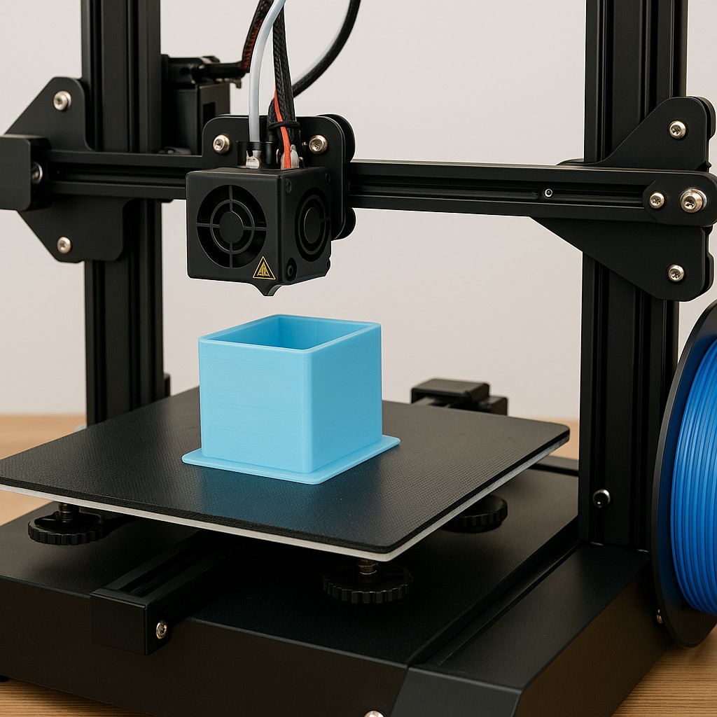 FDM 방식 3D 프린터가 파란색 출력물을 만드는 중인 모습