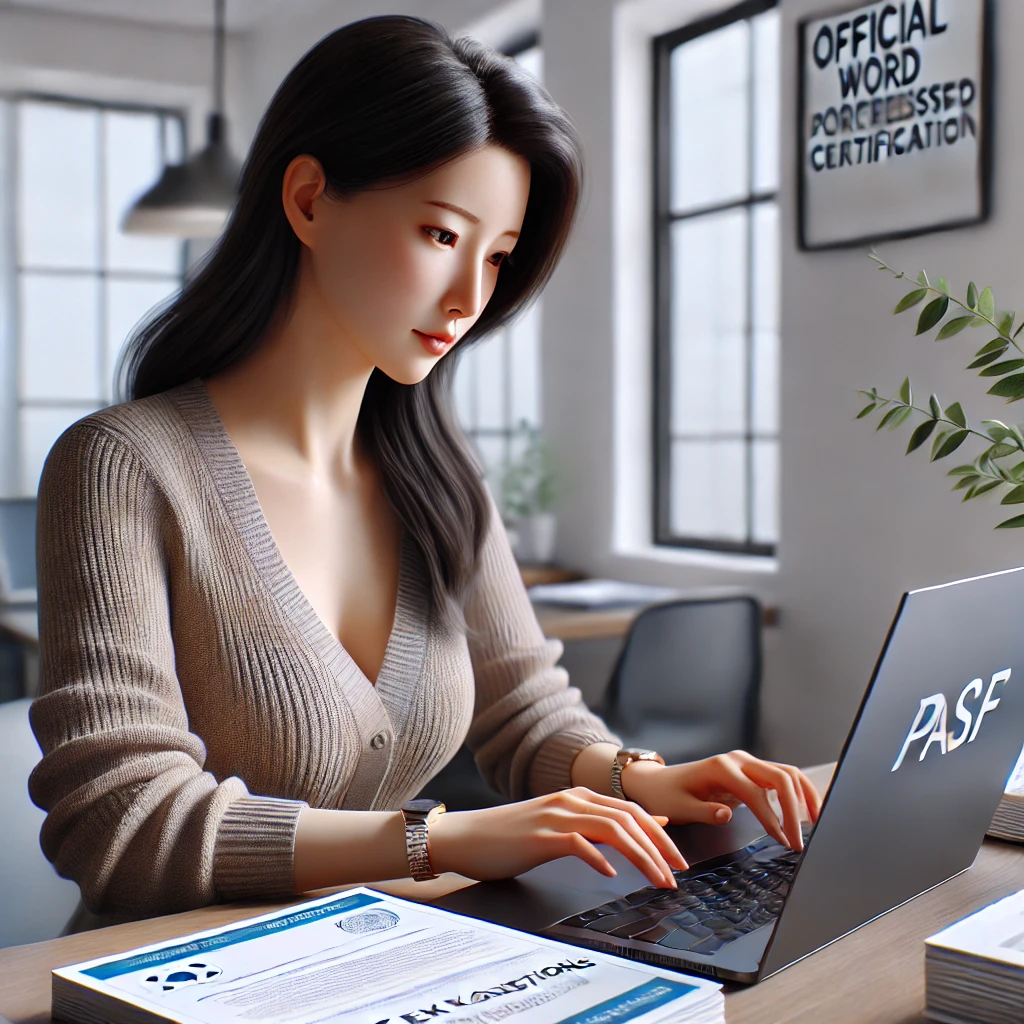 여성이 현대적인 책상에서 노트북으로 워드프로세서 자격증 기출문제를 다운로드하는 모습. 그녀는 집중한 표정으로 화면을 보고 있으며, 방은 밝고 정돈되어 있습니다