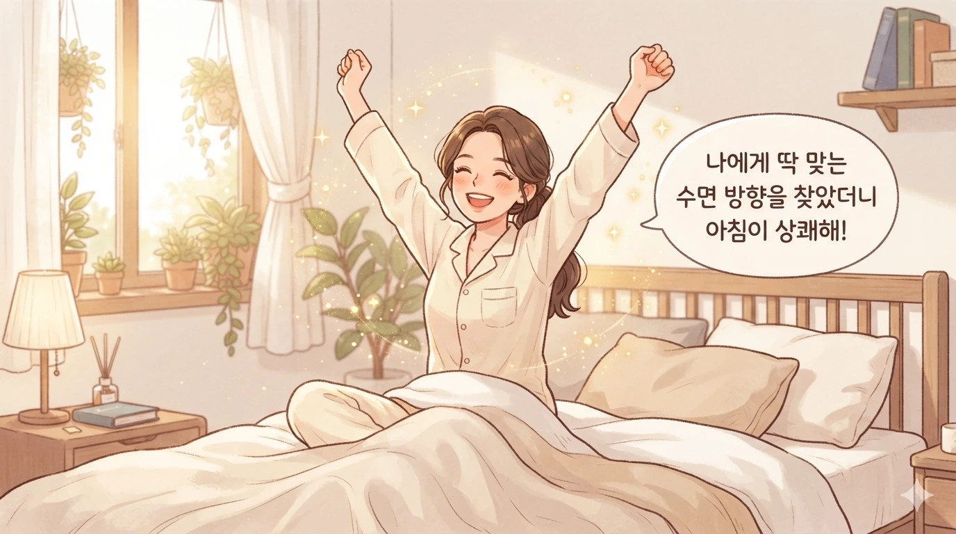상쾌한 아침 햇살 속에서 기지개를 켜며 개운하게 일어난 캐릭터와 말풍선이 담긴 가로형 웹툰 일러스트