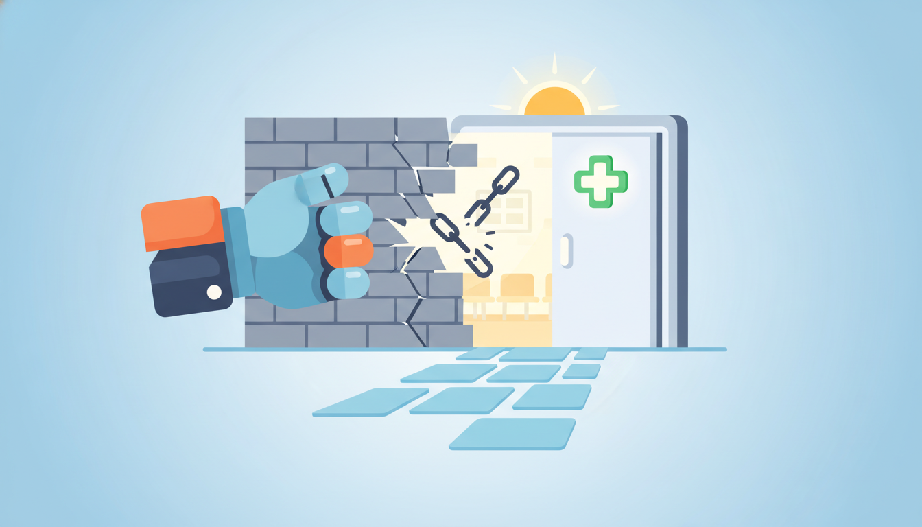 의료급여 수급을 막던 부양비라는 장벽이 부서지고, 사람들이 의료 혜택을 받을 수 있는 문이 활짝 열리는 모습을 상징하는 이미지.