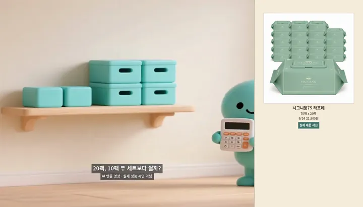 시그니앙75 라포레 20팩과 10팩 단가 비교를 설명하는 AI 연출 영상