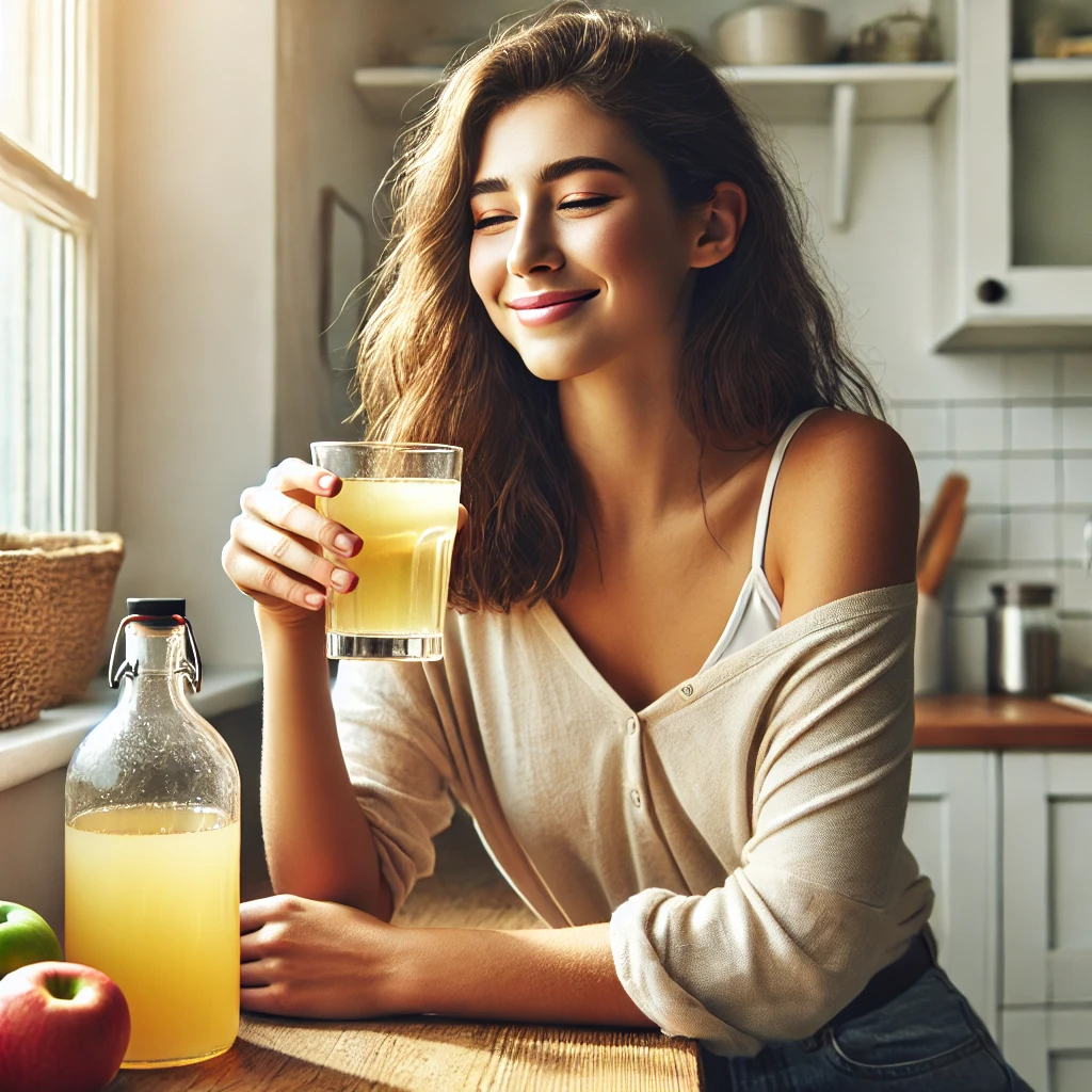 애플사이다비니거를 물에 타서 마시는 여성의 모습