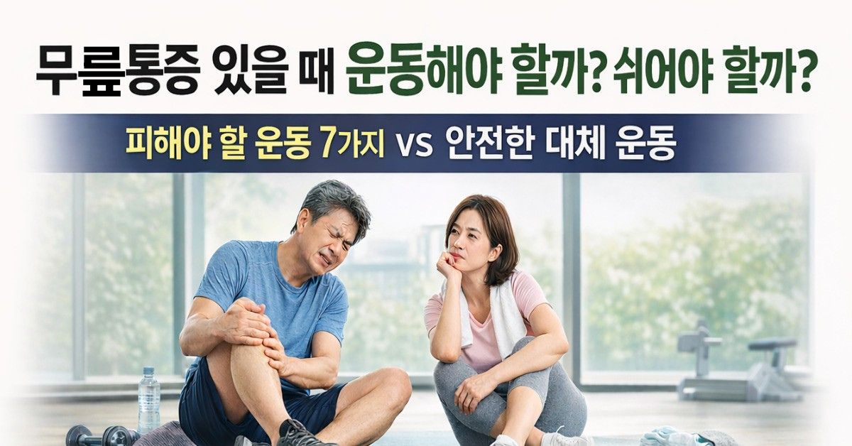 무릎 통증이 있을 때 운동과 휴식 중 무엇을 선택해야 하는지 설명한 정보 이미지