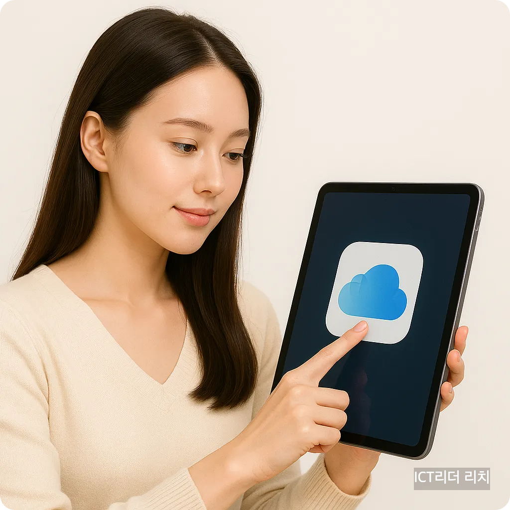 아이패드에서 iCloud 아이콘을 누르는 여성의 모습