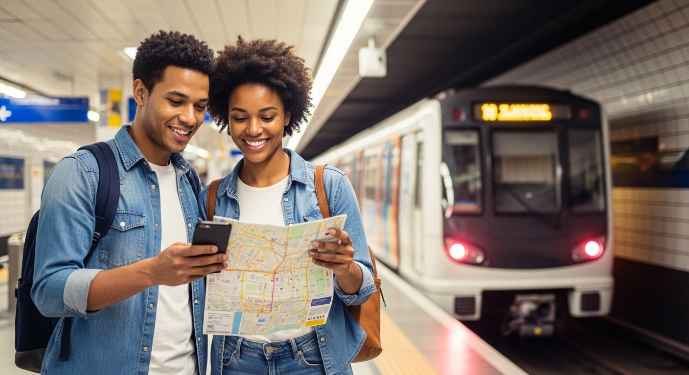 해외 지하철역에서 스마트폰으로 지도를 보며 환하게 웃고 있는 젊은 커플. 뒤로는 깔끔한 지하철이 역으로 들어오고 있다.