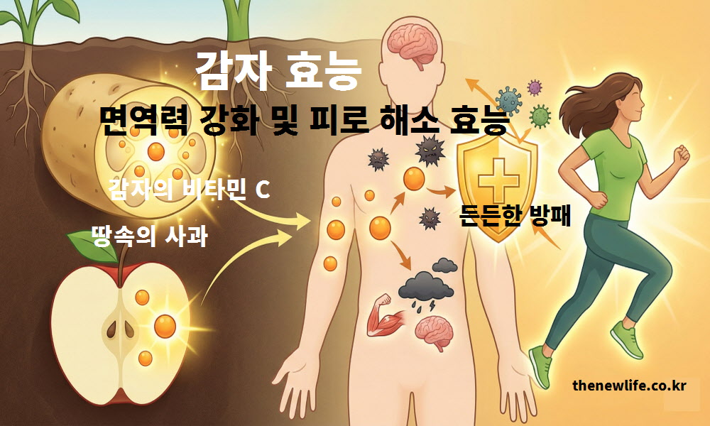 사과보다 3배 많은 비타민C를 함유하여 땅속의 사과로 불리며, 체내 활성산소를 제거해 면역력을 지키는 든든한 방패 역할을 하는 감자 효능 인포그래픽