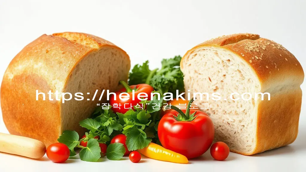 하얀 배경에 왼쪽은 밀가루 빵, 오른쪽은 쌀빵 이 놓여 있고 그 가운데에는 싱싱한 채소가 놓여 있는 모습.