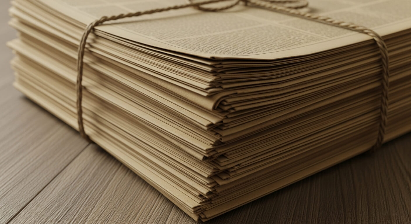 끈으로 묶인 신문지가 바닥에 정리된 모습