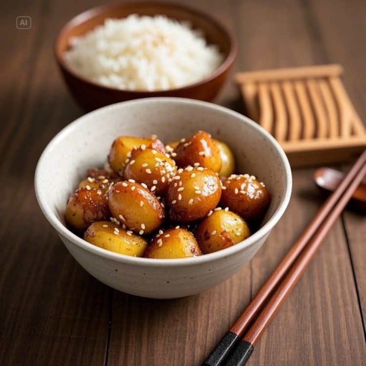 윤기가 자르르 흐르는 갈색빛 감자조림이 하얀 그릇에 담겨있고, 위에 통깨가 고소하게 뿌려진 모습. 배경에는 따뜻한 밥과 젓가락이 놓여있어 집밥의 정겨운 분위기를 연출하는 이미지.