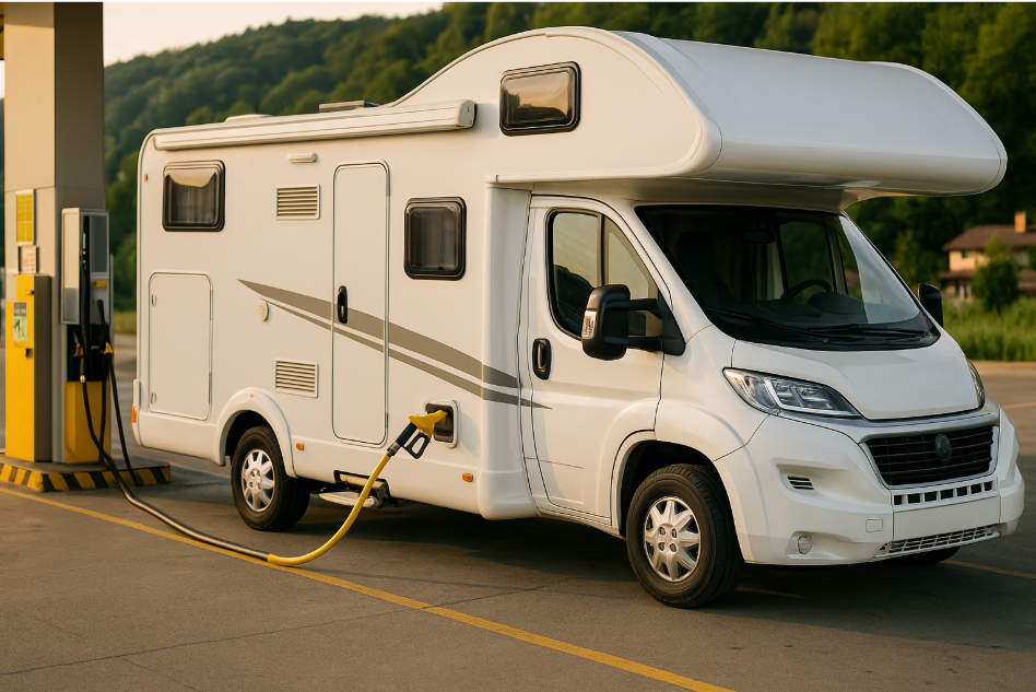 주유소에서 연료를 채우고 있는 캠핑카