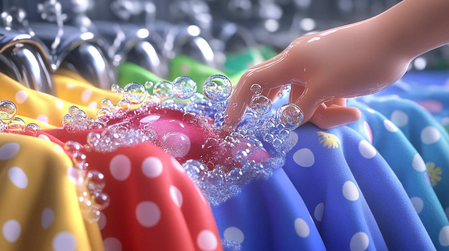 에코버블 기술을 사용하는 장면의 클로즈업, 다채로운 옷의 얼룩을 제거하며 섬유 보호를 하이라이트한 거품